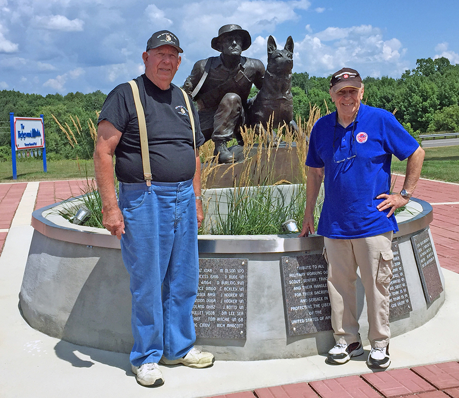 Hoffbeck, at left, and Stewart, are pleased a memorial was dedicated in June to military dogs and their handers at the Highground Veterans Memorial Park. Both attended UW-Stout after the war, although their paths never crossed at the university.