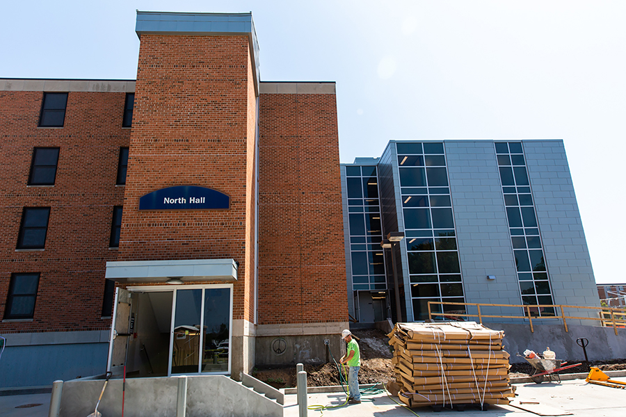 The renovation of North Hall includes this new entryway on the west side.