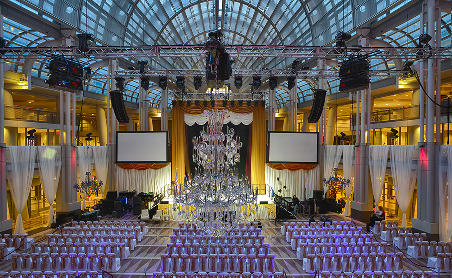 A venue at the Ronald Reagan Building is set up for a special event.