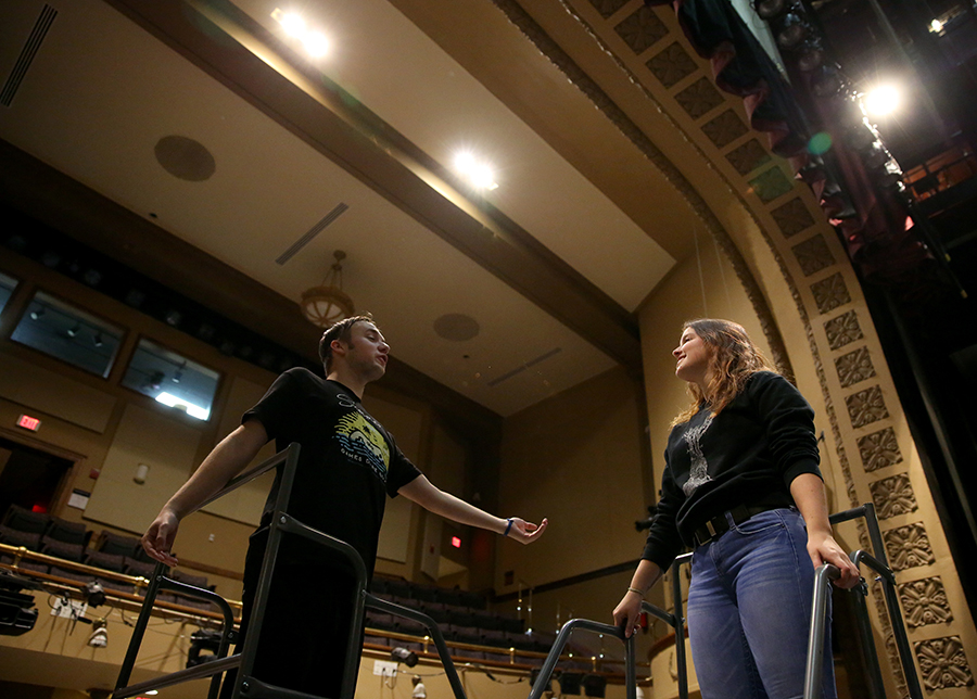 Weyker and Krohn rehearse a scene from “Jet of Blood,” an absurdist’s production. The students hope that the University Theatere’s production of An Evening of One Acts will help people understand how diverse theater is and spark thought.