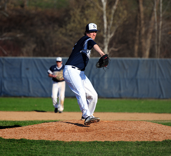 Phil Schmit pitches in a UW-Stout baseball games.