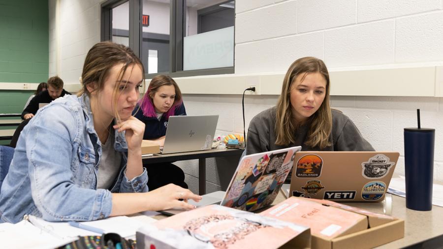 Eleni Hein, left, Lilly Ness, right, and Shannon Schultz, background, develop their Great Northern and Revolution Beauty projects in a classroom.