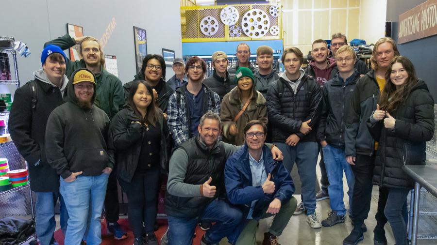 UW-Stout students, faculty and staff from the video production program gather during their recent tour of Cinequipt in Minneapolis.