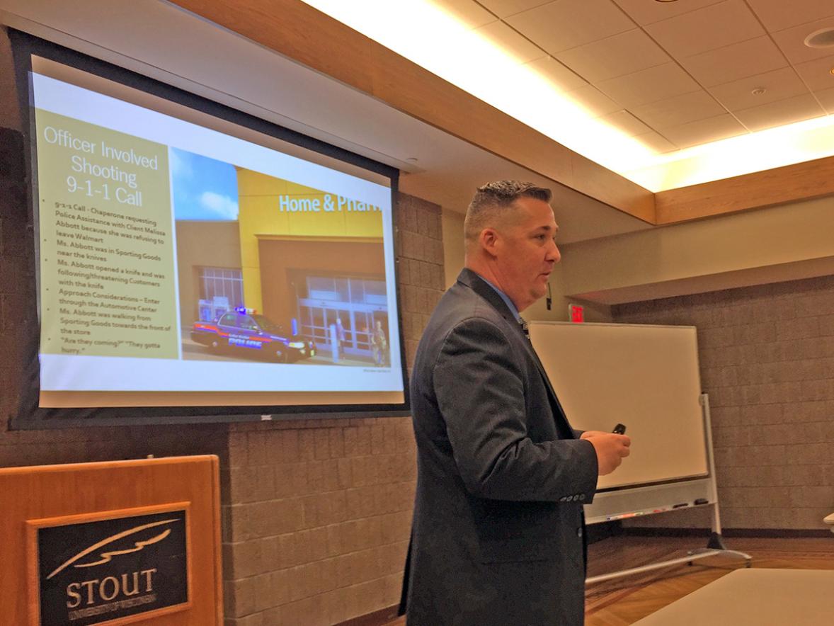 Lake Hallie Police Department Detective Adam Meyers talks about dealing with the emotions of having to shoot a woman with a hatchet in the Lake Hallie Walmart at the UW-Stout Criminal Justice and Rehabilitation Conference.
