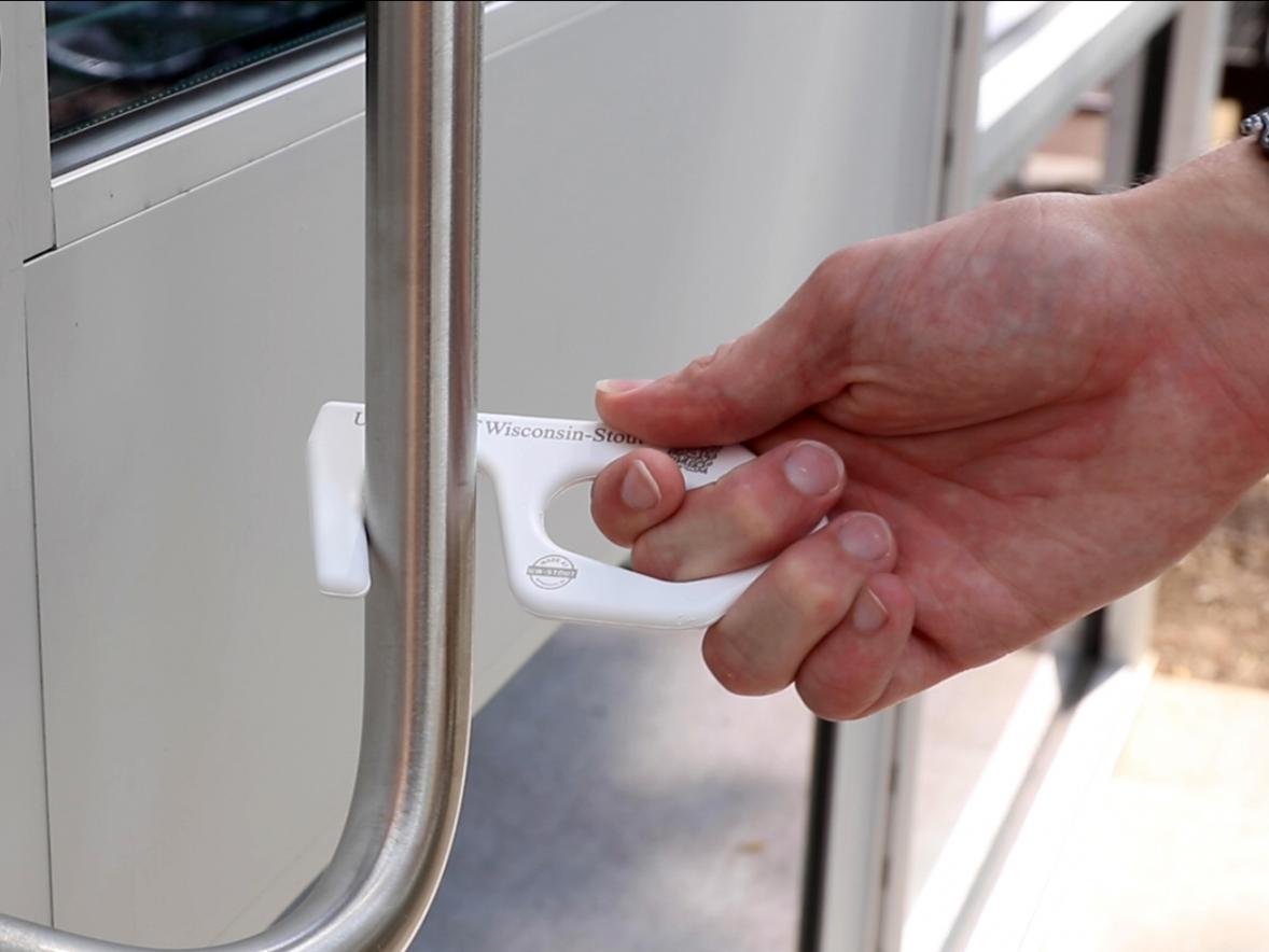 The Made at UW-Stout door puller, is less than five inches long and weighs less than an ounce. 