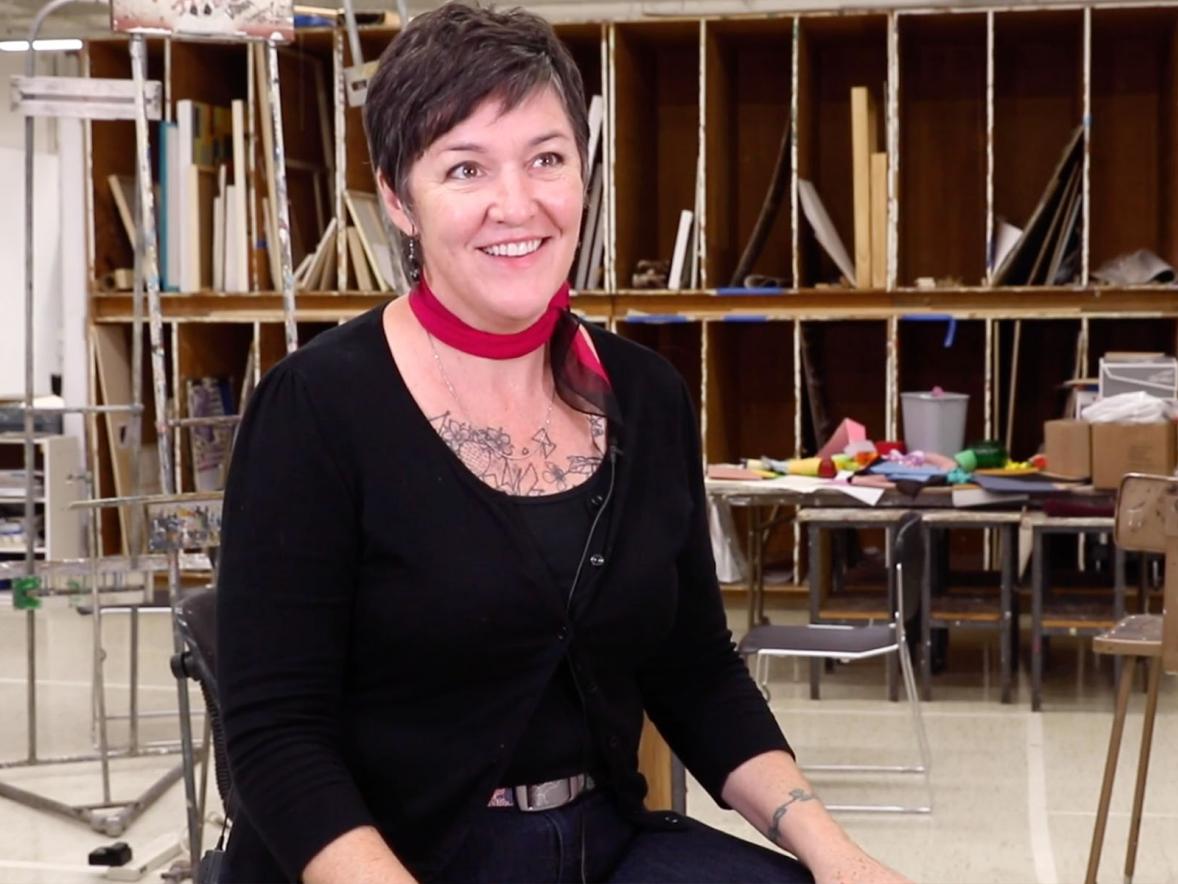 Professor Tamara Brantmeier in the Applied Arts painting studio, during a video interview.