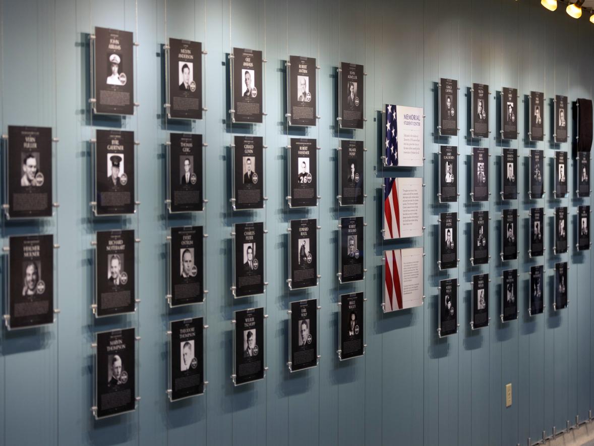 The UW-Stout Memorial Wall, or Hall of Heroes, is on the first floor of the Memorial Student Center.