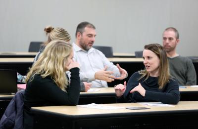 Students discuss topics during Associate Professor Deanna Schultz's Issues in Career and Technical Education class (CTE-708) in Jarvis Hall Friday, November 10, 2017.